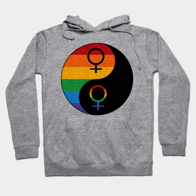 Rainbow Colored Lesbian Pride Yin and Yang with Female Gender Symbols Hoodie by LiveLoudGraphics